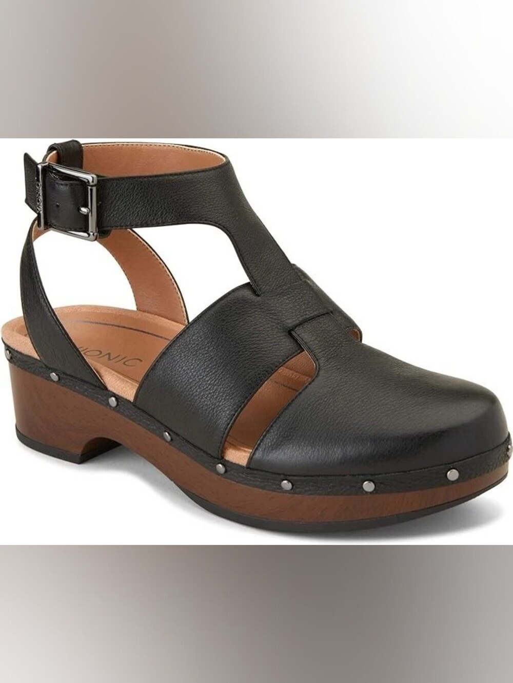 Vionic Black Leather Cutout Clog Sandals with Wood-Look Platform